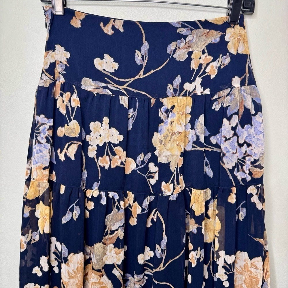 Ralph Lauren Floral Crinkle Georgette Tiered Maxi Midi Skirt Navy Cream Size 00 - Picture 10 of 16